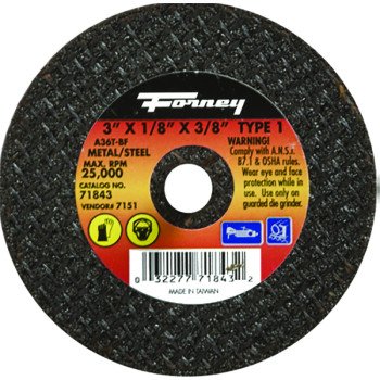 Forney 71843 Cut-Off Wheel, 3 in Dia, 1/8 in Thick, 3/8 in Arbor, 36 Grit, Medium, Aluminum Oxide Abrasive