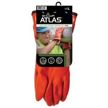 Showa 460L-09.RT Coated Gloves, L, 11-13/16 in L, Gauntlet Cuff, PVC, Orange