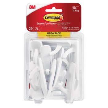 Command 17001-MPES Medium Utility Hook, 3 lb, 20-Hook, Plastic, White