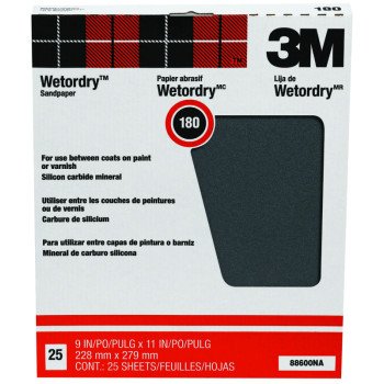 3M 88600 Sandpaper, 11 in L, 9 in W, 180 Grit, Fine, Silicone Carbide Abrasive