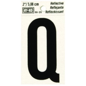 Hy-Ko RV-25/Q Reflective Letter, Character: Q, 2 in H Character, Black Character, Silver Background, Vinyl