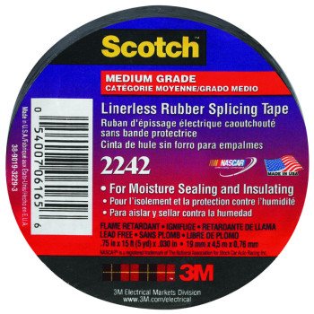 Scotch 6165-BA-10 Splicing Tape, 15 ft L, 3/4 in W, Rubber Backing, Black