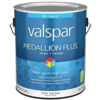 Valspar Medallion Plus 2100 028.0021004.007 Latex Paint, Acrylic Base, Flat Sheen, Clear Base, 1 gal, Plastic Can