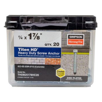 Simpson Strong-Tie Titen HD THDB25178HC20 Heavy-Duty Screw Anchor, 1/4 in Dia, 1-7/8 in L, Carbon Steel, Zinc Plated