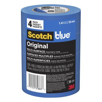 ScotchBlue 2090-36EP4 Original Painter's Tape, 60 yd L, 1.41 in W, Crepe Paper Backing, Blue