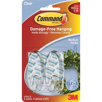 Command 17091CLR Adhesive Hook, 2 lb, 2-Hook, Plastic, Clear