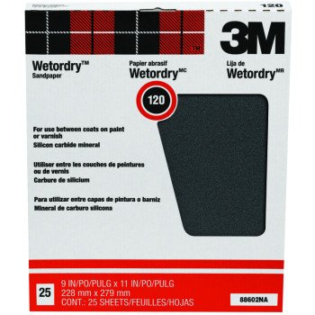 3M 88602 Sandpaper, 11 in L, 9 in W, 120 Grit, Fine, Silicone Carbide Abrasive