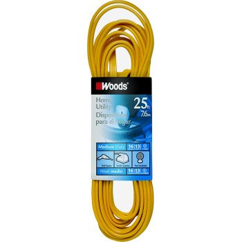 Woods 0831 Extension Cord, 16 AWG Cable, 25 ft L, 10 A, 125 V, Yellow