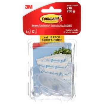 Command 17091CLRC-VP Medium Hook, 2 lb, 6-Hook, Plastic, Clear