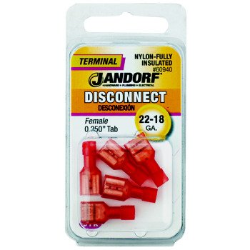 Jandorf 60940 Disconnect Terminal, 22 to 18 AWG Wire, Nylon Insulation, Copper Contact, Red