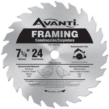 Avanti A0724A Circular Saw Blade, 7-1/4 in Dia, 5/8 in Arbor, 24-Teeth, Carbide Cutting Edge