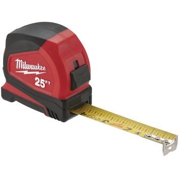 Milwaukee 48-22-6625 Tape Measure, 25 ft L Blade, 1.65 in W Blade, Steel Blade, ABS Case, Black/Red Case