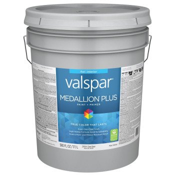 Valspar Medallion Plus 2100 028.0021004.008 Latex Paint, Acrylic Base, Flat Sheen, Clear Base, 5 gal, Plastic Pail