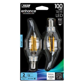 Feit Electric BPCFC100950CAFIL/2 LED Light Bulb, Bent Tip Lamp, 100 W Equivalent, E12 Candelabra Lamp Base, Dimmable, 2/PK