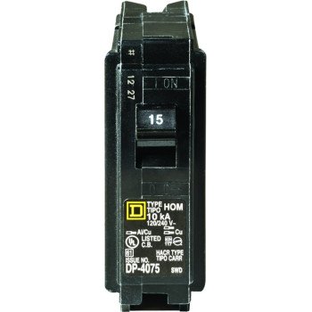 Square D Homeline HOM115C Circuit Breaker, Mini, 15 A, 1 -Pole, 120 V, Plug Mounting, Black