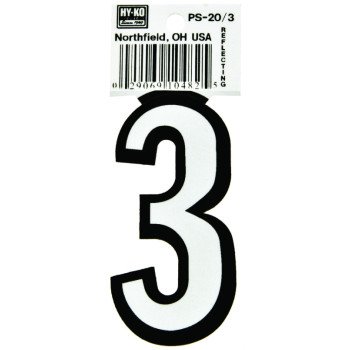 Hy-Ko PS-20/3 Reflective Sign, Character: 3, 3-1/4 in H Character, Black/White Character, Vinyl