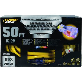 PowerZone Contractor Cord, 10 AWG Cable, 50 ft L, 20 A, 125 V, Yellow
