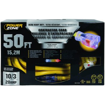 PowerZone ORP711930 Contractor Cord, 10 AWG Cable, 50 L, 20 A, 125 V, Yellow