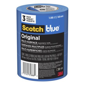 ScotchBlue 2090-48EVP Painter's Tape, 60 yd L, 1.88 in W, Crepe Paper Backing, Blue, 3/PK