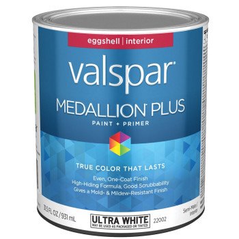 Valspar Medallion Plus 2200 028.0022002.005 Latex Paint, Acrylic Base, Eggshell Sheen, Ultra White Base, 1 qt