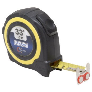 Vulcan 58-10X25-A Tape Measure, 33 ft L Blade, 1 in W Blade, Steel Blade, ABS Plastic Case, Yellow Case