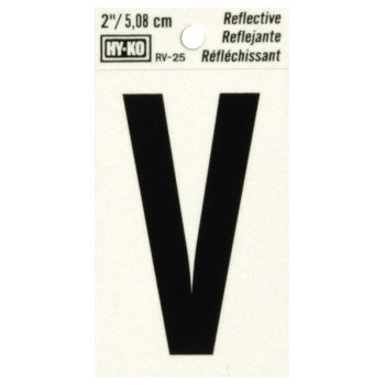 Hy-Ko RV-25/V Reflective Letter, Character: V, 2 in H Character, Black Character, Silver Background, Vinyl