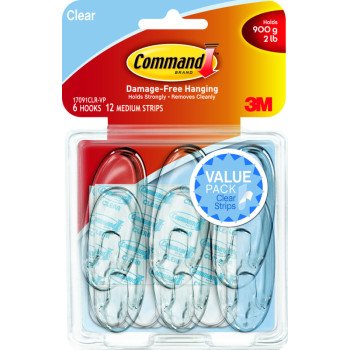 Command 17091CLR-VP Adhesive Hook, 2 lb, 6-Hook, Plastic, Clear