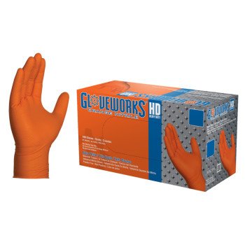 Gloveworks GWON44100 Heavy-Duty Disposable Gloves, M, Nitrile, Powder-Free, Orange, 9-1/2 in L