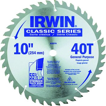 Irwin 15270 Circular Saw Blade, 10 in Dia, 5/8 in Arbor, 40-Teeth, Carbide Cutting Edge, Applicable Materials: Wood