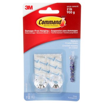 Command 17095CLR-EF Crystal Hook, 2 lb, 2-Hook, Plastic, Clear, 1/EA