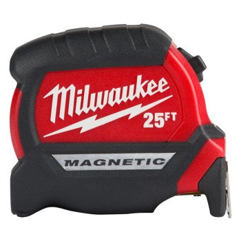 Milwaukee 48-22-0325 Tape Measure, Wide Blade, 25 ft L Blade, 1 in W Blade, Steel Blade, ABS Case, Black/Red Case