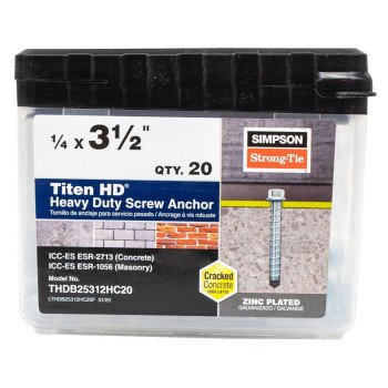 Simpson Strong-Tie Titen HD THDB25312HC20 Heavy-Duty Screw Anchor, 1/4 in Dia, 3-1/2 in L, Carbon Steel, Zinc Plated