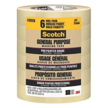 Scotch 2020-24ECP Masking Tape, 60 yd L, 0.94 in W, Crepe Paper Backing, Tan