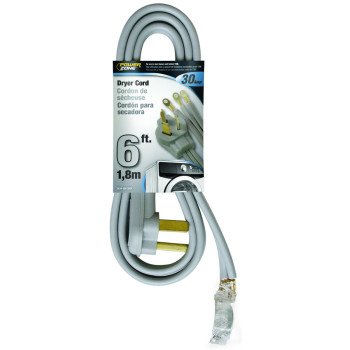 PowerZone ORD100306 Power Supply Dryer Cord, 10 AWG Cable, 6 ft L, 250 V, Gray