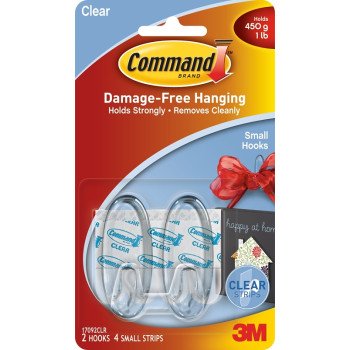 Command 17092CLR Adhesive Hook, 1 lb, 2-Hook, Plastic, Clear