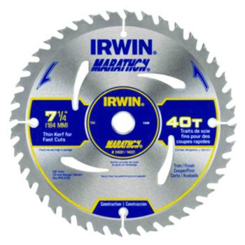 Irwin Marathon 14031 Circular Saw Blade, 7-1/4 in Dia, 5/8 in Arbor, 40-Teeth, Carbide Cutting Edge