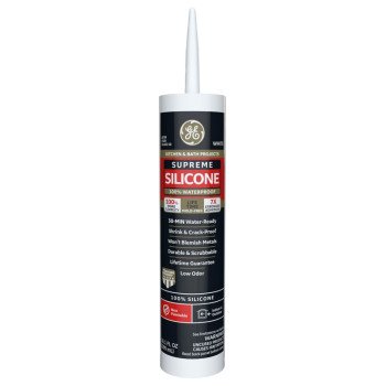 GE Supreme Silicone 2821640 Kitchen & Bath Sealant, White, 24 hr Curing, 10.1 fl-oz Cartridge