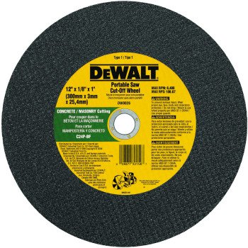 DeWALT DW8026 Cut-Off Wheel, 12 in Dia, 1/8 in Thick, 1 in Arbor, Coarse, Silicone Carbide Abrasive