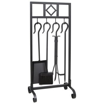 Simple Spaces T58993BK Fireplace Tool Set, Tools with Stand, Steel, Black, Powder Coated, 5-Piece