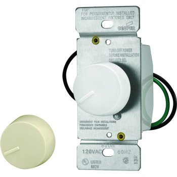 Eaton Wiring Devices RI061-VW-K2 Rotary Dimmer, 120 V, 600 W, Halogen, Incandescent Lamp, Single-Pole, Ivory/White