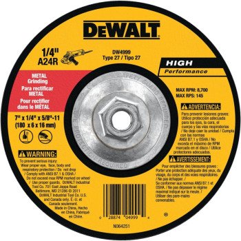 DEWALT DW4999 Grinding Wheel, 7 in Dia, 1/4 in Thick, 5/8-11 in Arbor, 24 Grit, Very Coarse, Aluminum Oxide Abrasive