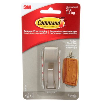 Command MR02-BN-EF Bath Hook, 3 lb, 1-Hook, Metal, Brushed Nickel