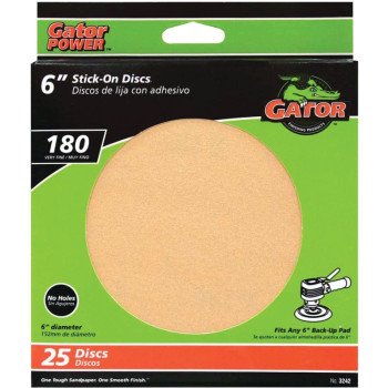 Gator 3242 Sanding Disc, 6 in Dia, Coated, 180 Grit, Very Fine, Aluminum Oxide Abrasive, Paper Backing