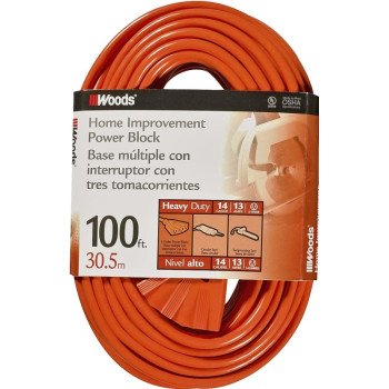 Woods 0827 Extension Cord, 14 AWG Cable, 100 ft L, 13 A, 125 V, Orange