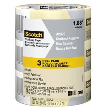 Scotch 2020-48ECP Masking Tape, 60 yd L, 1.89 in W, Crepe Paper Backing, Tan