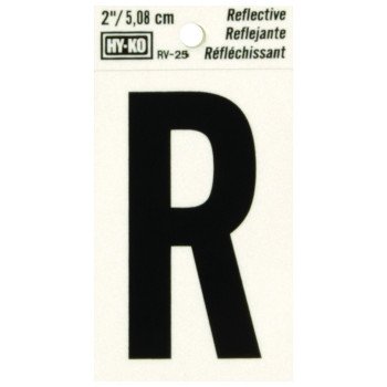 Hy-Ko RV-25/R Reflective Letter, Character: R, 2 in H Character, Black Character, Silver Background, Vinyl