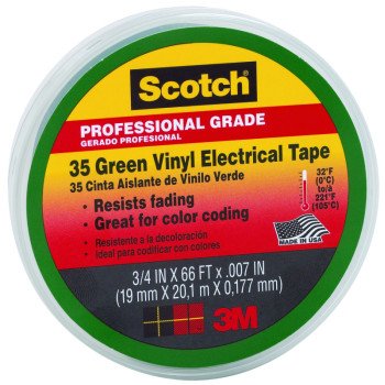 Scotch 10851-DL-10 Electrical Tape, 66 ft L, 3/4 in W, PVC Backing, Green