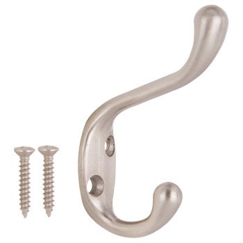 ProSource H6271007SN-PS Coat and Hat Hook, 22 lb, 2-Hook, 1-1/64 in Opening, Zinc, Satin Nickel