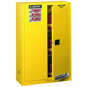 Justrite 894500 Safety Cabinet, 45 gal, 43 in OAW, 65 in OAH, 18 in OAD, 2-Shelf, Steel, Yellow