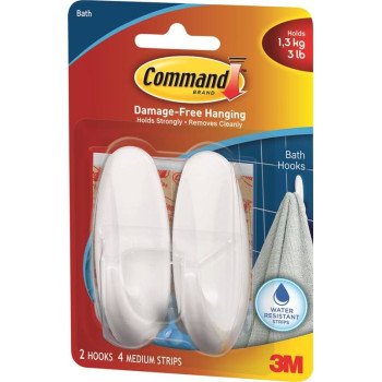 Command 17081B Designer Hook, 5/8 in Opening, 3 lb, 2-Hook, Plastic, White, 2/PK